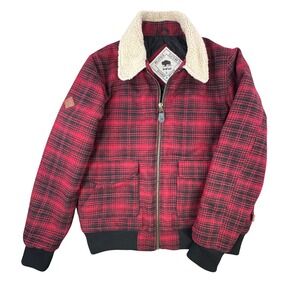Bellfield Men Plaid Wool Blend Sherpa Collar Bomber Jacket L Red Black Work Wear